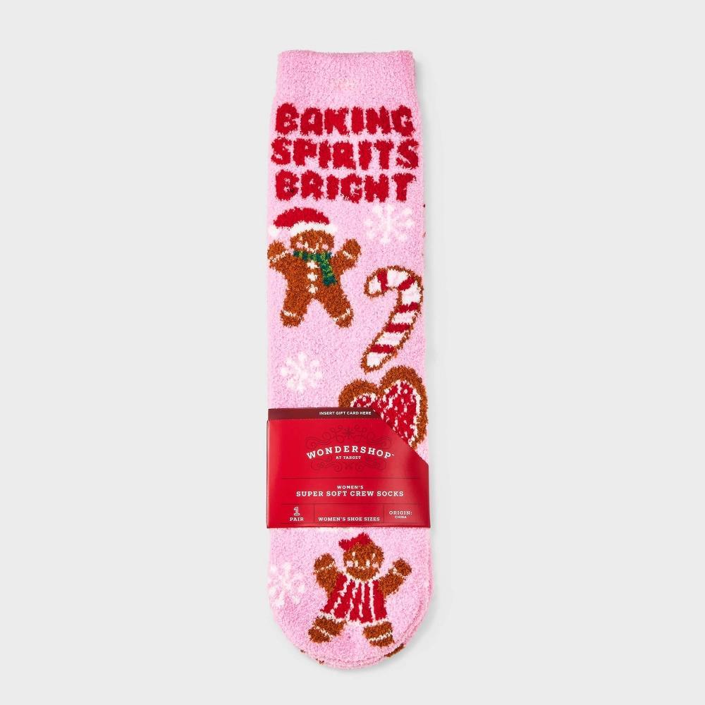 Women's 'Baking Spirits Bright' Gingerbread Cozy Christmas Crew Socks with Gift Card Holder - Wondershop™ Pink 4-10 Product Image