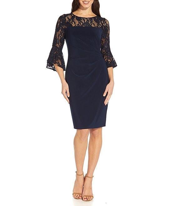 Adrianna Papell Sequin Lace 3/4 Bell Sleeve Round Illusion Neck Jersey Side Draped Sheath Dress Product Image