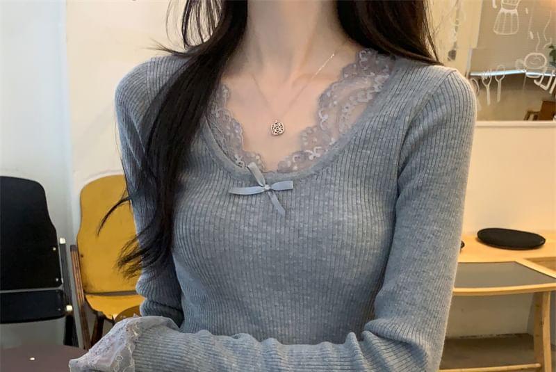 Long-Sleeve V-Neck Plain Lace Panel Bow Accent Slim Fit Knit Top Product Image