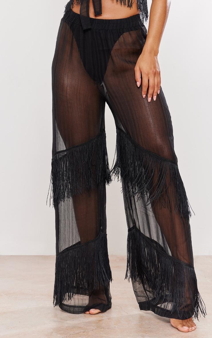 Black Fringe Wide Leg Beach Pants Product Image