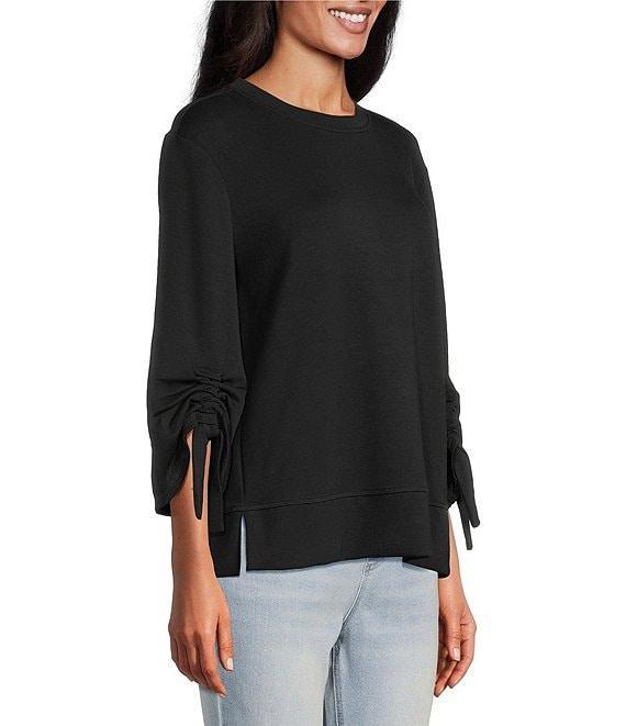 Westbound Petite Size Printed Ruched Sleeve Crew Neck Top Product Image