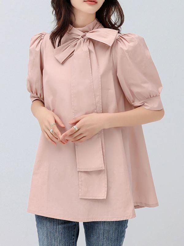 Casual Loose Bow-Embellished Solid Color Blouse Product Image