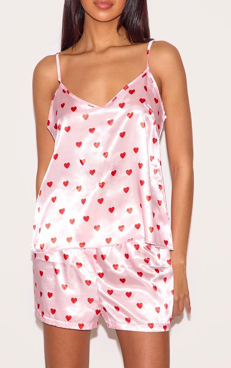 Pink Satin Heart Print Cami Pj Set Product Image