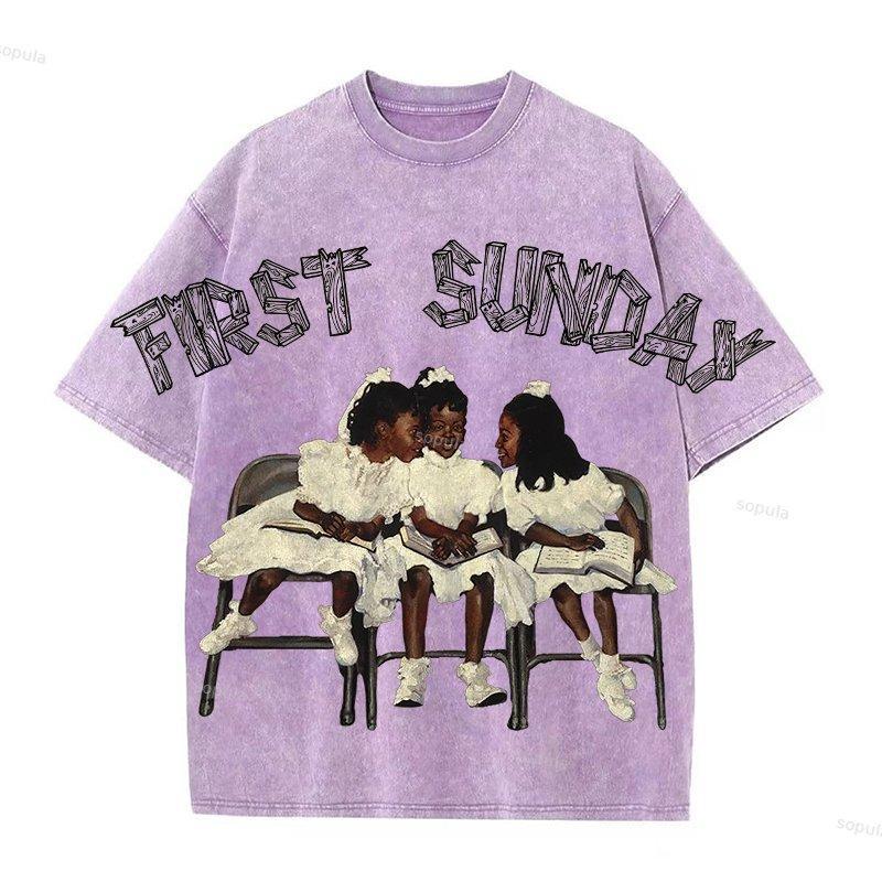 First Sunday Retro Graphic Print Acid Washed T-Shirt Product Image