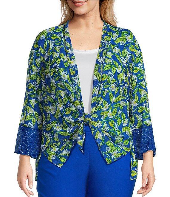 Multiples Plus Size Blue Print Onionskin Shawl Neck 3/4 Flounce Sleeve Open-Front Jacket Product Image