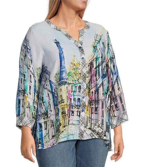 Ali Miles Plus Size Woven Printed Mandarin Collar 3/4 Adjustable Sleeve Hi-Low Hem Tunic Product Image