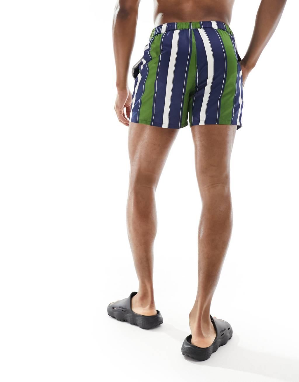 ASOS DESIGN swim shorts in short length in green and navy stripe Product Image