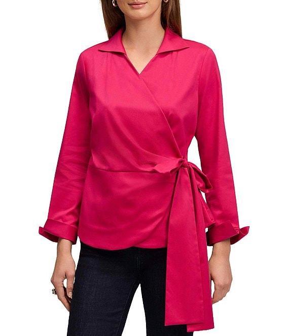 Foxcroft Salina Stretch Solid Collared Long Sleeve Wrap Top Product Image