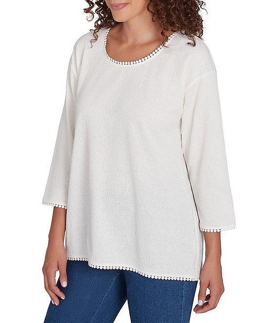 Ruby Rd. Jacquard Knit Lace Edge Detail Scoop Neck 3/4 Sleeve Top Product Image