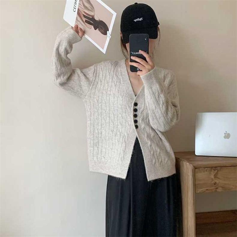 V-Neck Plain Cable Knit Button-Up Slit Cardigan Product Image