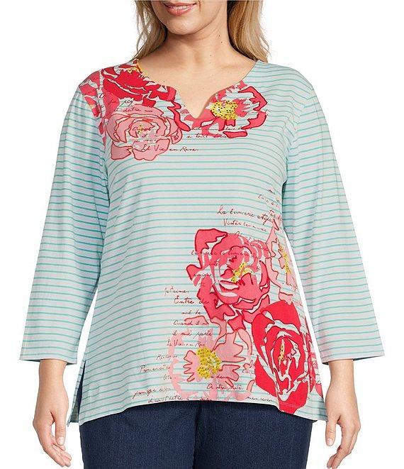 Ruby Rd. Plus Size Knit Floral Embroidered Split Neck 3/4 Sleeve Top Product Image
