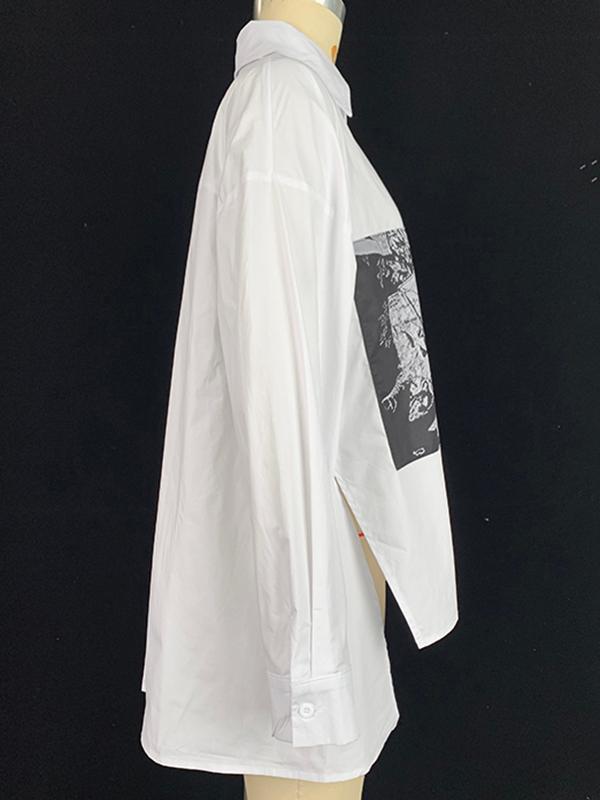 A-Line High-Low Buttoned Pockets Printed Split-Side Stand Collar Blouses&Shirts Tops Product Image