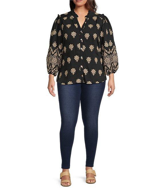 Calessa Plus Size Embroidered Medallion Split V-Neck Wrist Sleeve Button Front Tunic Product Image