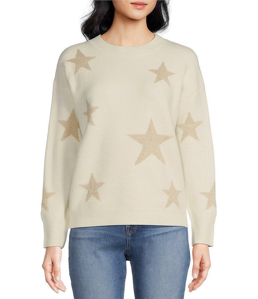 Skies Are Blue Lurex Star Print Crew Neck Long Sleeve Oversized Sweater Product Image