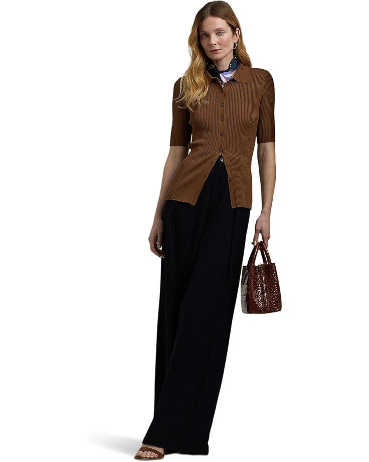 Women's Lauren Ralph Lauren Rib-Knit Elbow-Sleeve Polo Cardigan Product Image