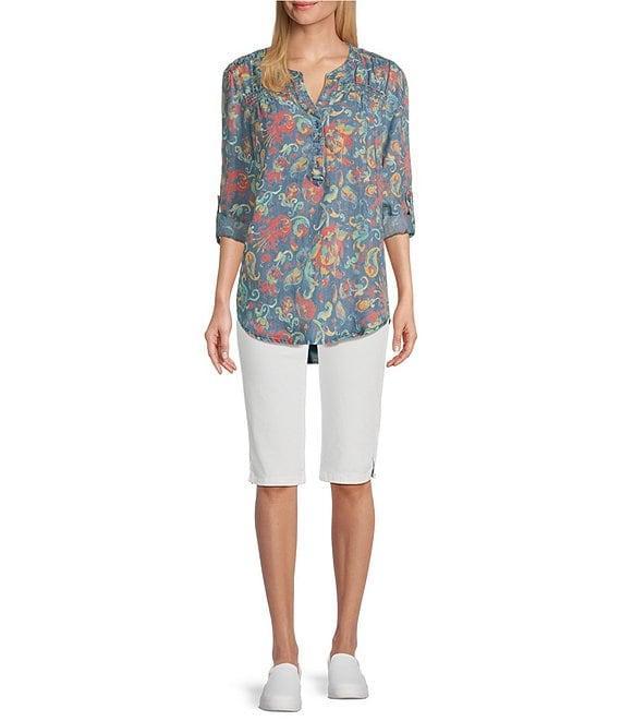 Intro Petite Size Rivet Trim Flower Skimmer Denim Pull-On Shorts Product Image