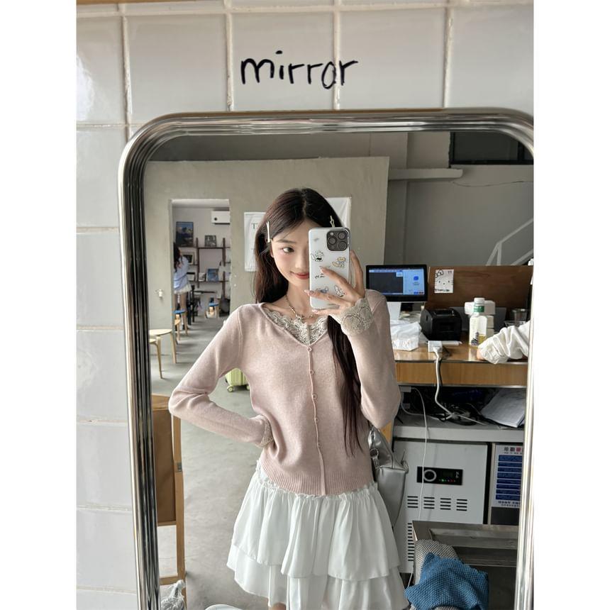 V-Neck Plain Lace Trim Sweater Product Image