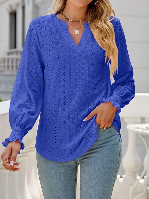 Long Sleeves Loose Elasticity Hollow Solid Color V-Neck T-Shirts Tops Product Image
