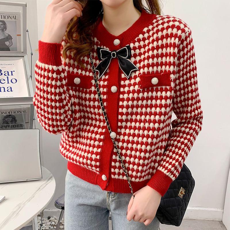 Round Neck Patterned Bow Cardigan Product Image