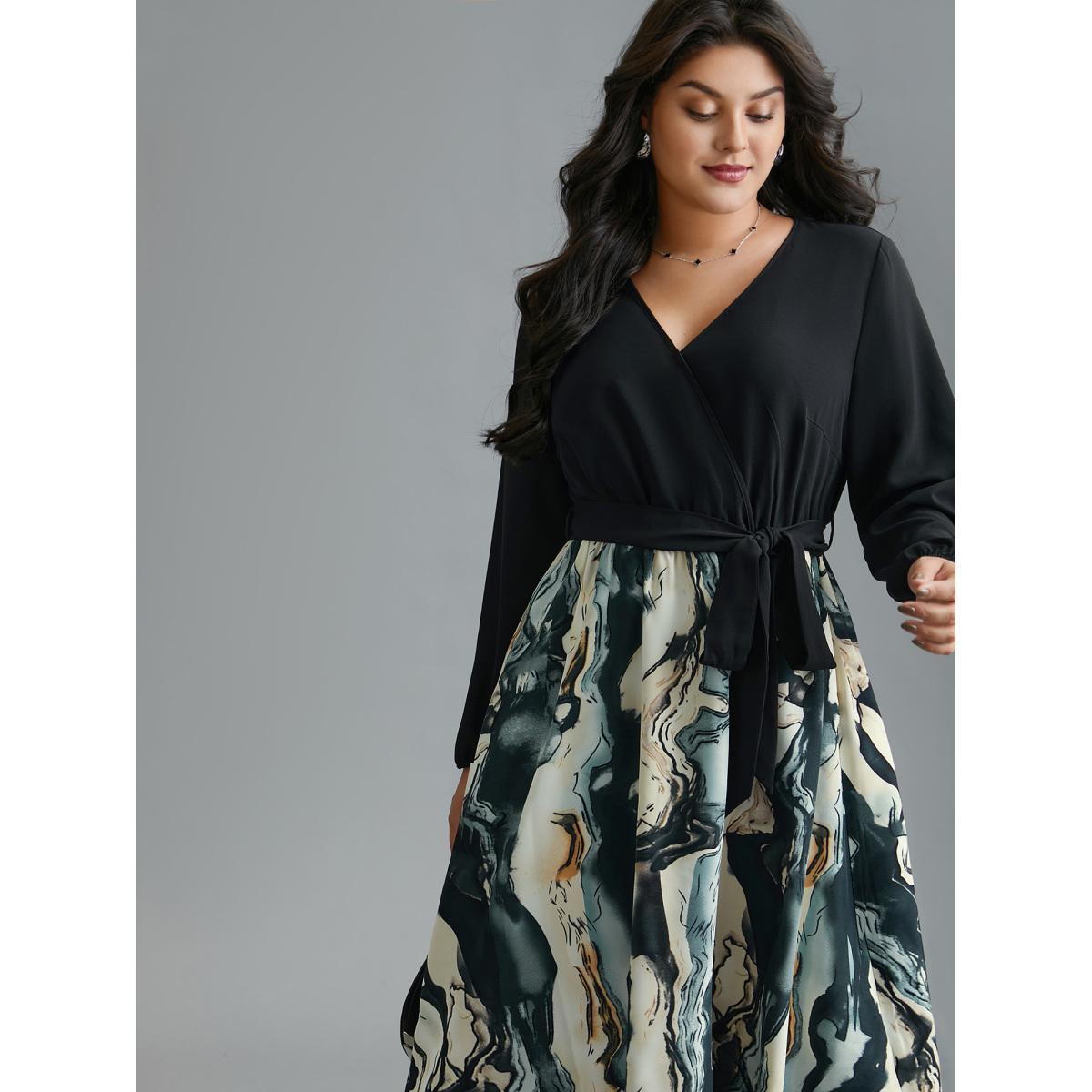Plus Size Surplice Neck Marble Print Belted Dress Black Women At the Office Belted Overlap Collar Long Sleeve Curvy BloomChic 10/M Product Image