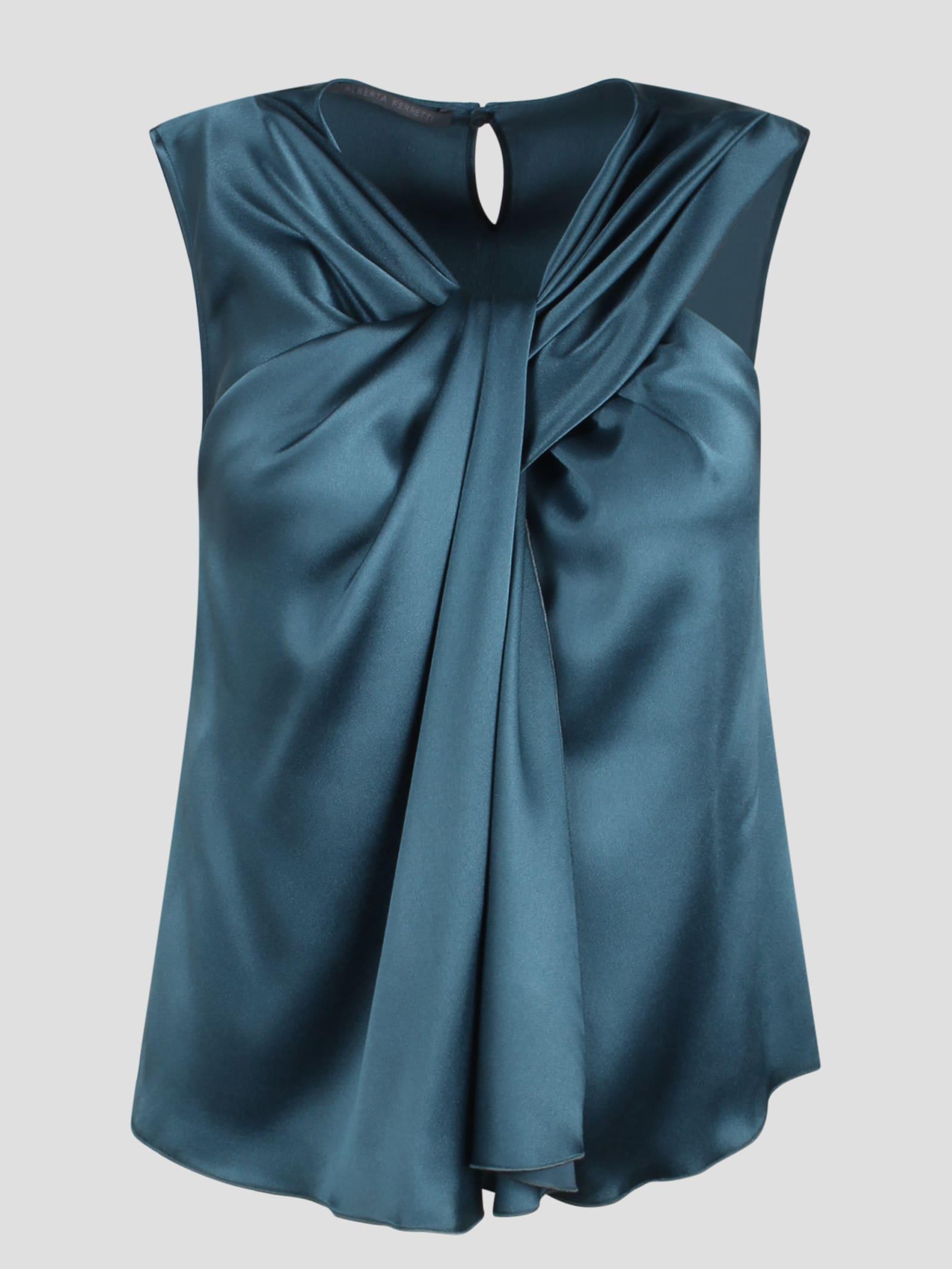 ALBERTA FERRETTI Sleeveless Gathered Satin Blouse In Petroleum Blue Product Image