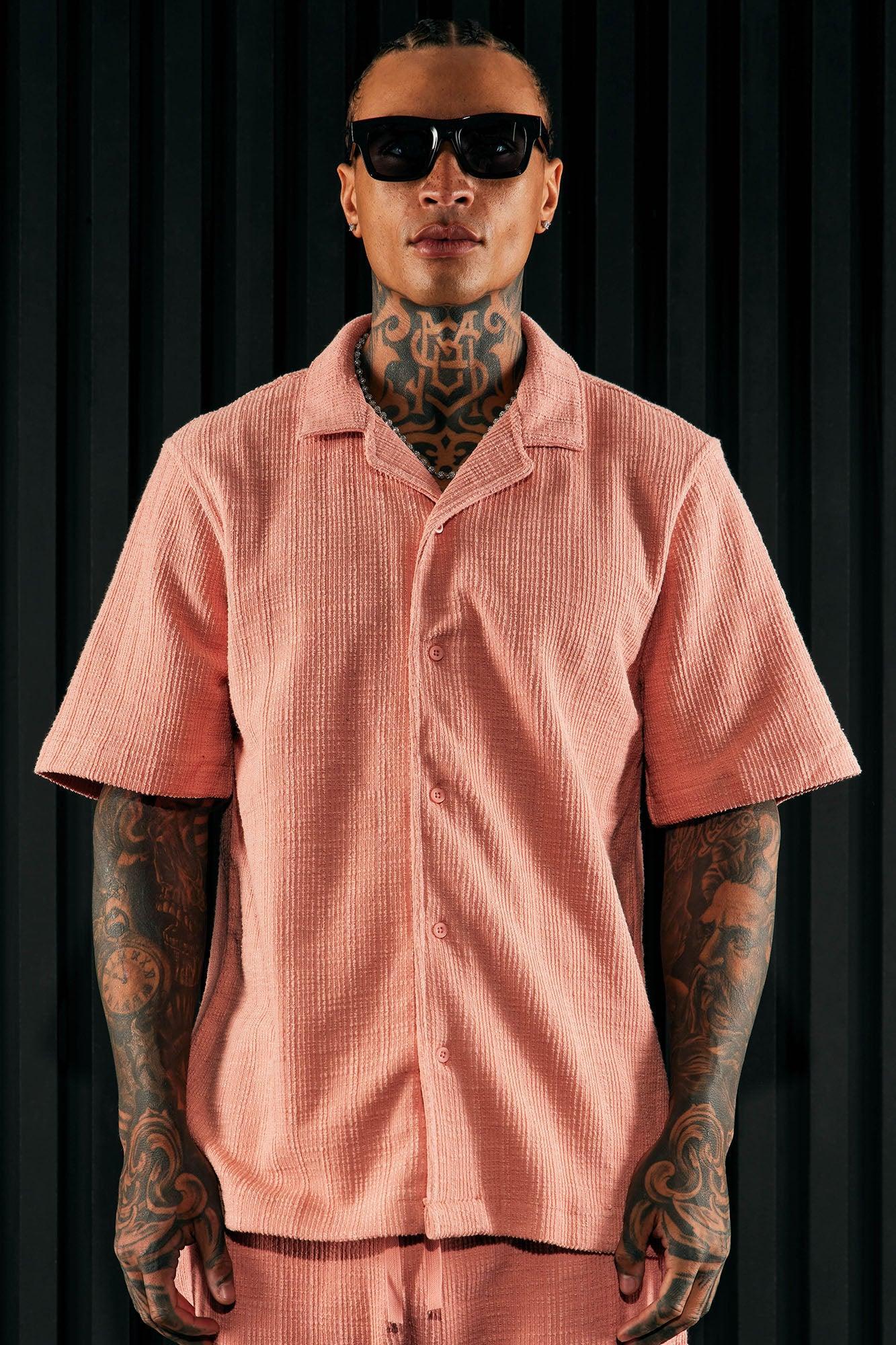 Dean Textured Short Sleeve Button Up Shirt - Mauve Product Image