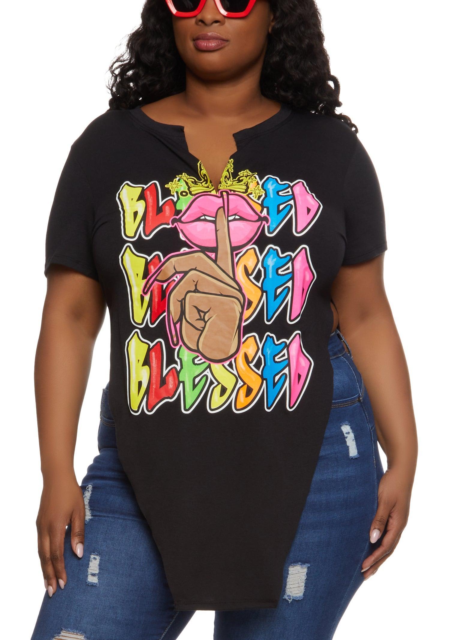 Womens Plus Size Blessed Graffiti Hanky Hem Graphic Tee Product Image