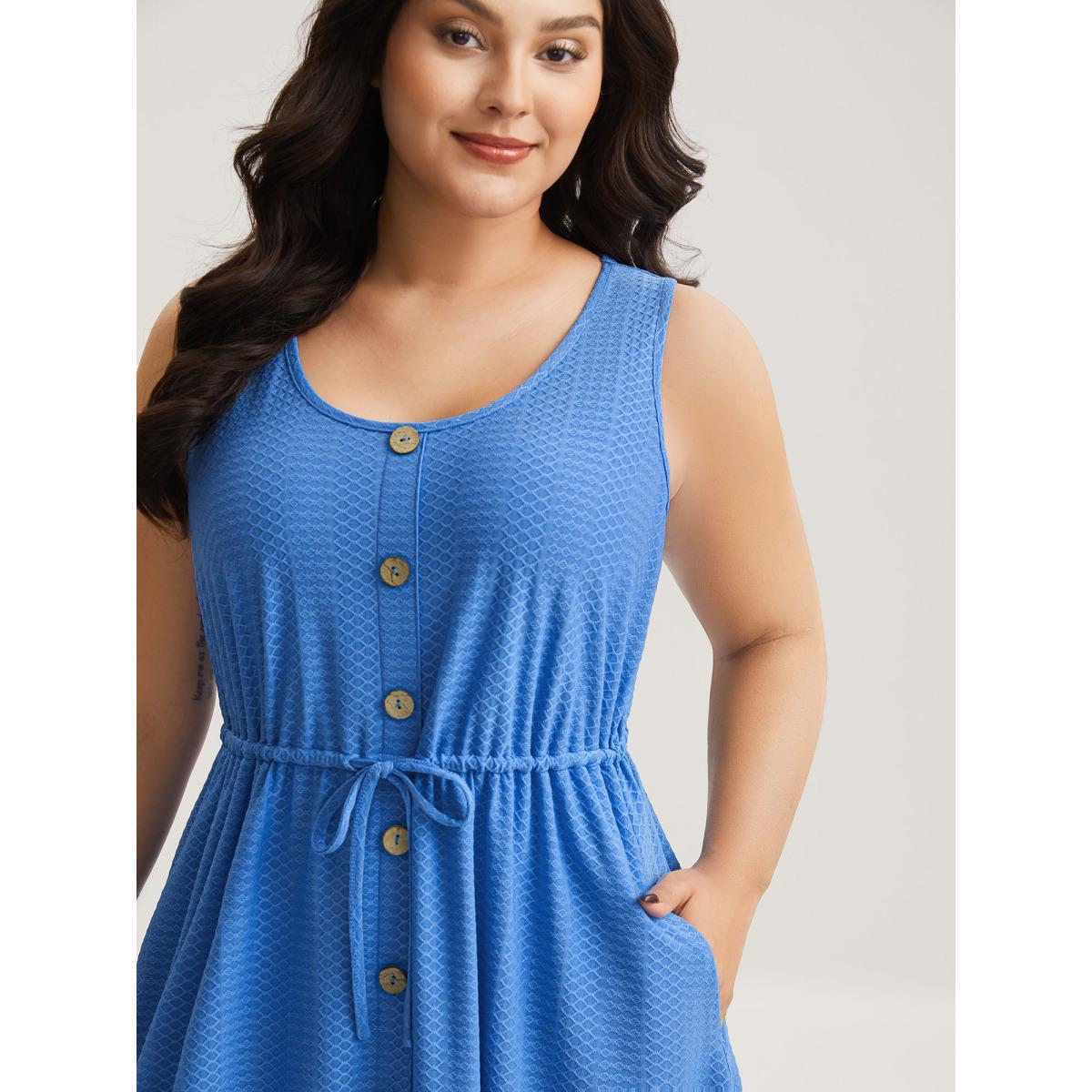 Plus Size Textured Waist Drawstring Pockets Midi Dress Skyblue Women U-neck Sleeveless Curvy BloomChic 10/M Product Image
