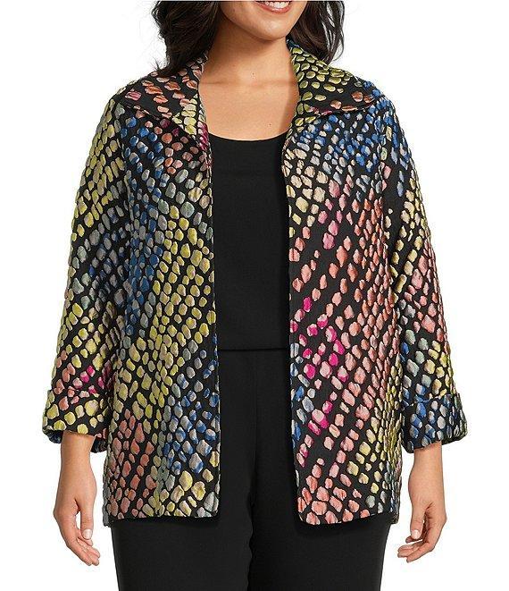 Caroline Rose Plus Mosaic Pattern Cloque Spread Collar Bracelet Sleeve Open-Front Statement Jacket Product Image