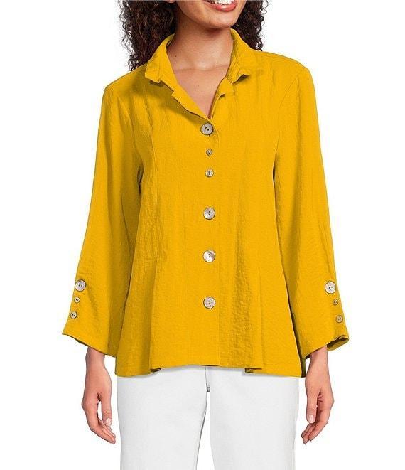 Ali Miles Petite Size Woven Solid Wire Collar 3/4 Sleeve Pleated Hem Button Front Tunic Product Image