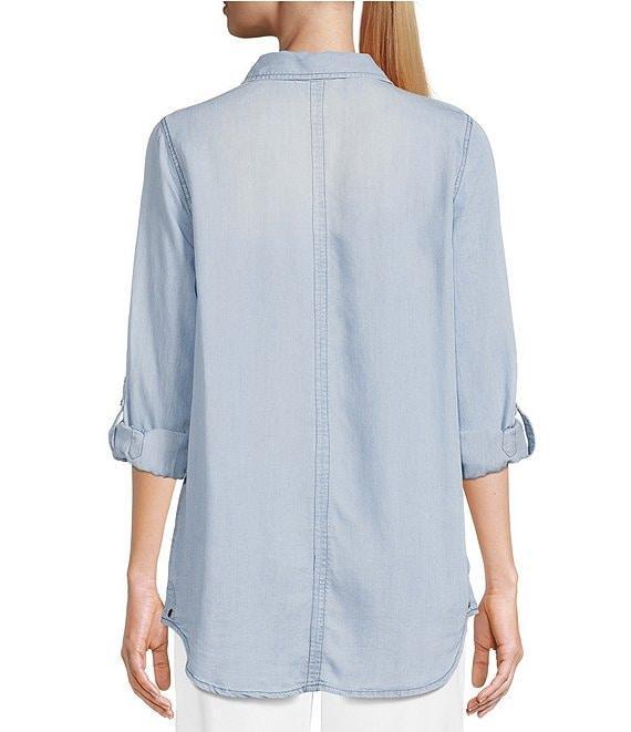 Intro Petite Size Roll-Tab Sleeve Button Front Slub Lyocell Shirt Product Image