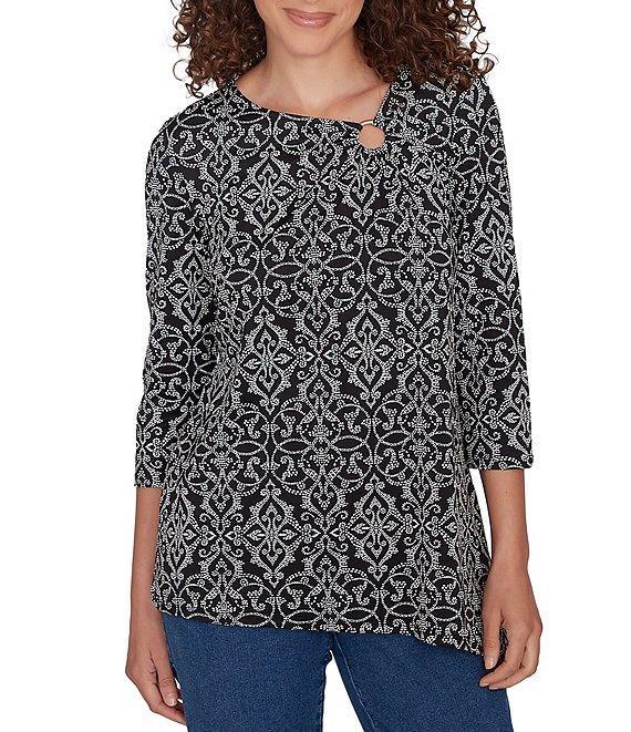 Ruby Rd. Medallion Knit Asymmetric Neck 3/4 Sleeve Top Product Image