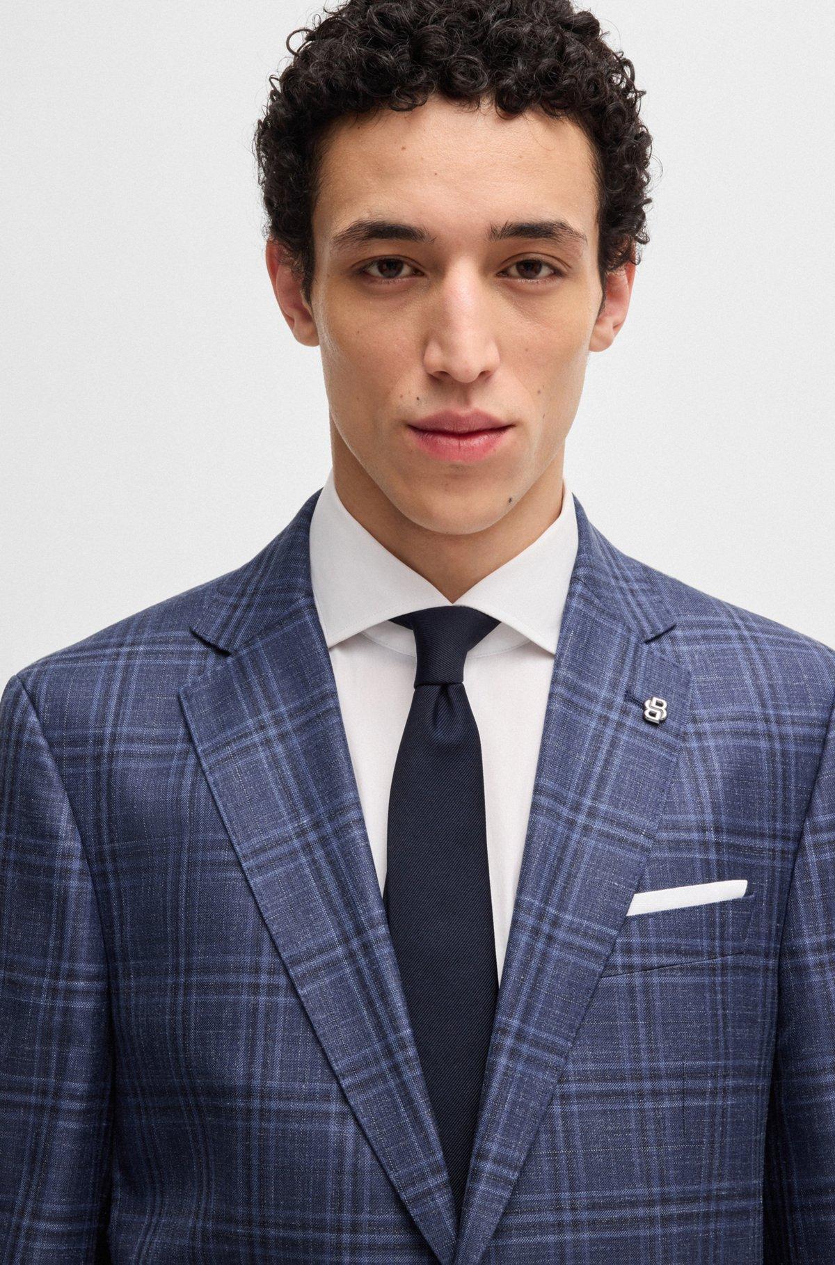 BOSS - Slim-fit blazer in checked virgin wool, silk and linen - Blue Product Image