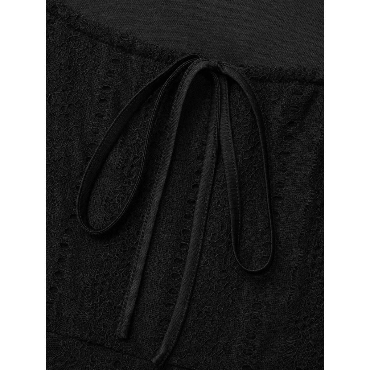 Plus Size Lace Panel Square Neck Tie Knot Dress Black Women Elegant Tie knot Square Neck Long Sleeve Curvy BloomChic 12/L Product Image