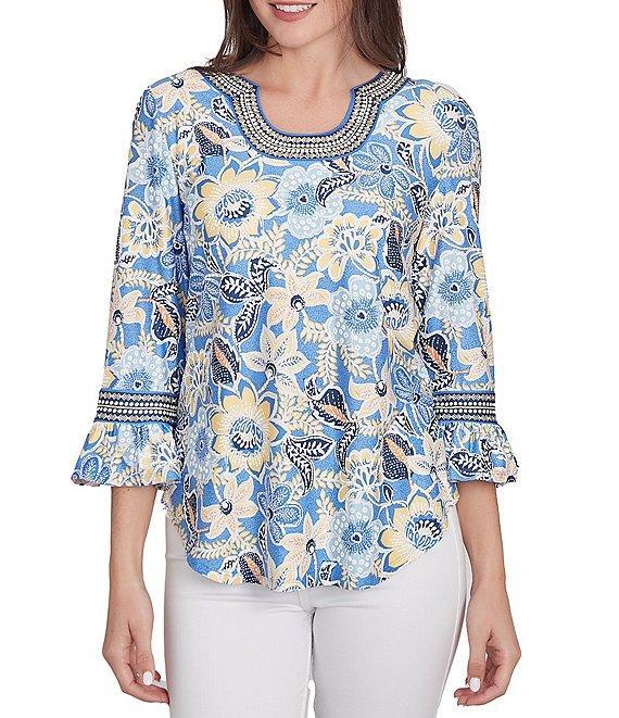 Ruby Rd. Knit Bohemian Floral Print Contrast Horseshoe Neck 3/4 Ruffle Sleeve Top Product Image