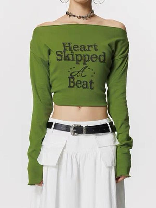 Off Shoulder Letter Print Long Sleeve Tee Product Image