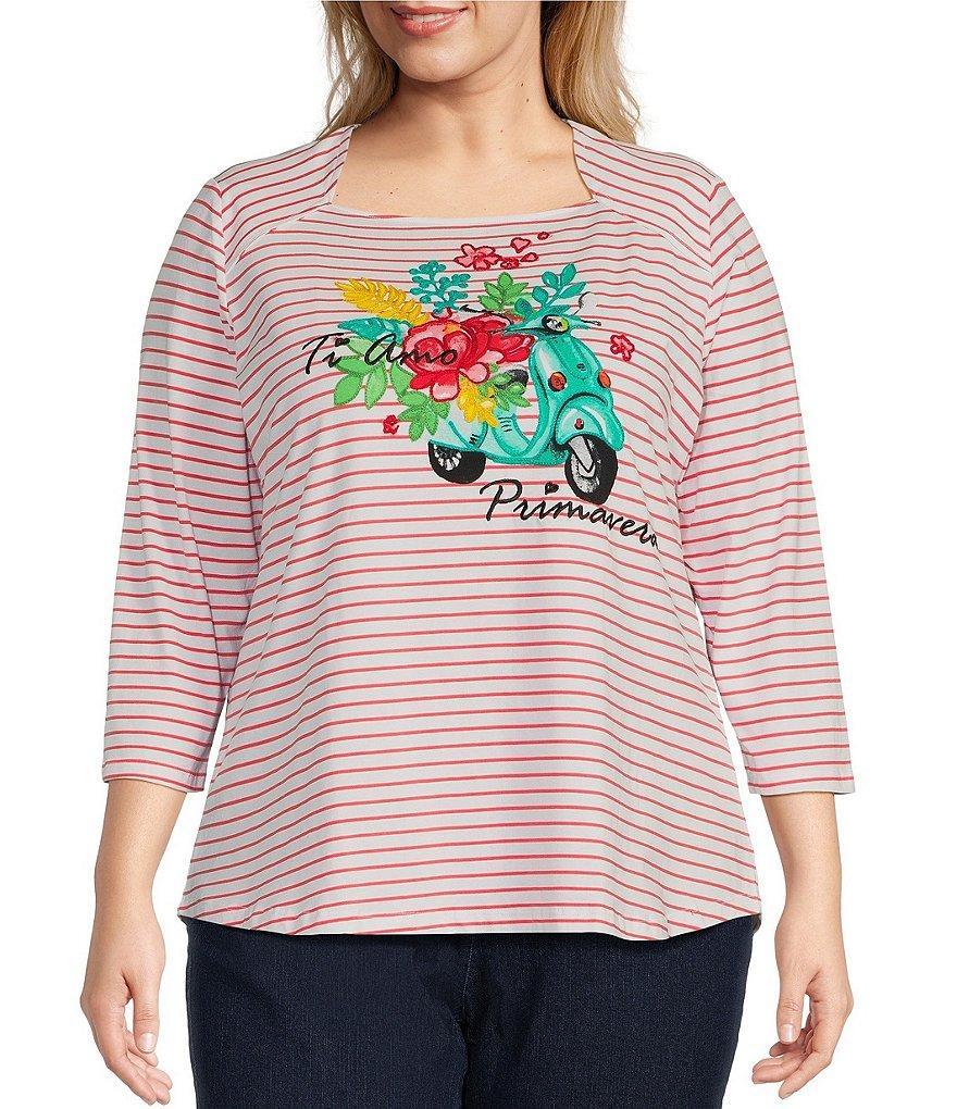 Ruby Rd. Plus Size Knit Embroidery Ti Amo Primavera Stripe Square Neck 3/4 Sleeve Top Product Image