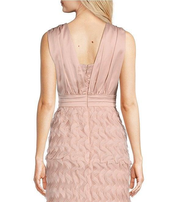 JS Collections Satin Ruffle Mesh V Neck Sleeveless Gown Product Image