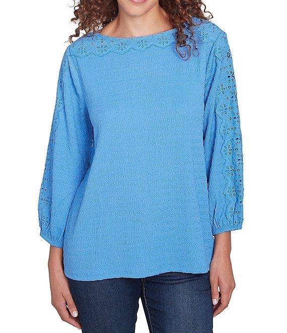 Ruby Rd. Textured Eyelet Trim Boat Neck Bracelet Length Sleeve Knit Top Product Image