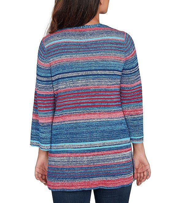 Ruby Rd. Rib Knit Stripe 3/4 Sleeve Pocketed Open-Front Cardigan Product Image
