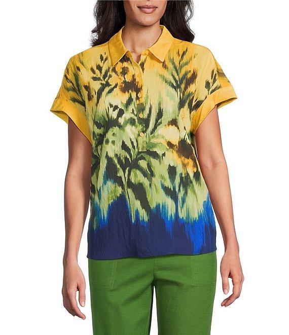 Investments Woven Tropical Floral Short Sleeve Point Collar Partial Button Front Top Product Image