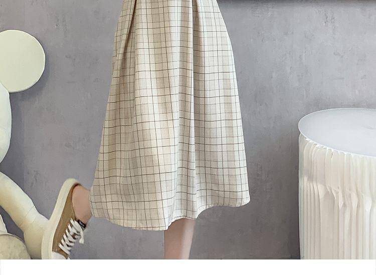 Long-Sleeve Collared Plaid Midi A-Line Dress Product Image