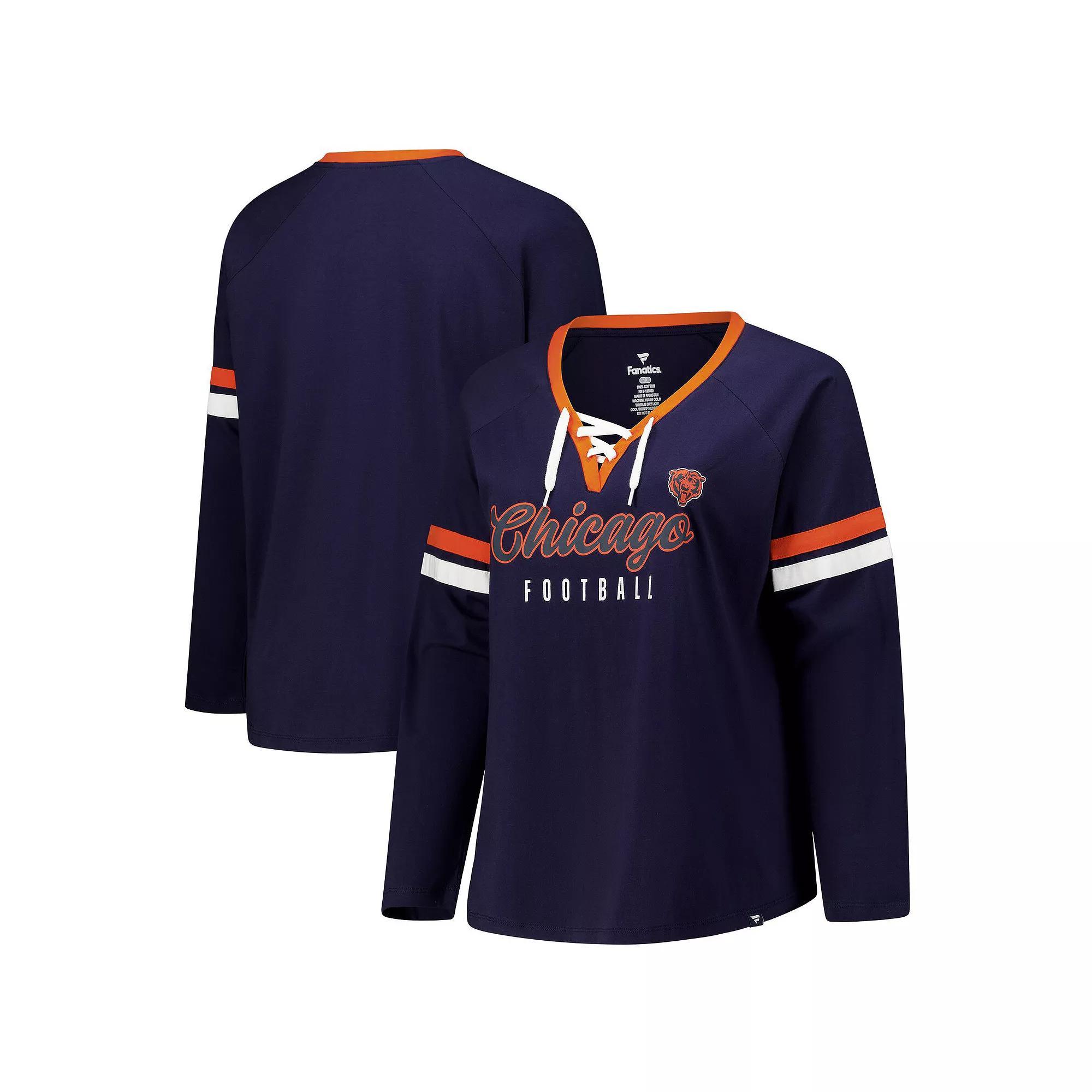 Women's Fanatics Navy Chicago Bears Long Sleeve Lace-Up V-Neck T-Shirt, Size: 4XL, Blue Product Image