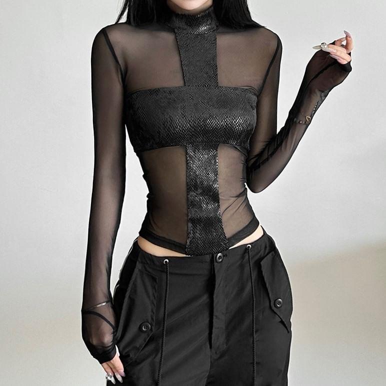 Long-Sleeve Mock Neck Mesh Crop Top Product Image