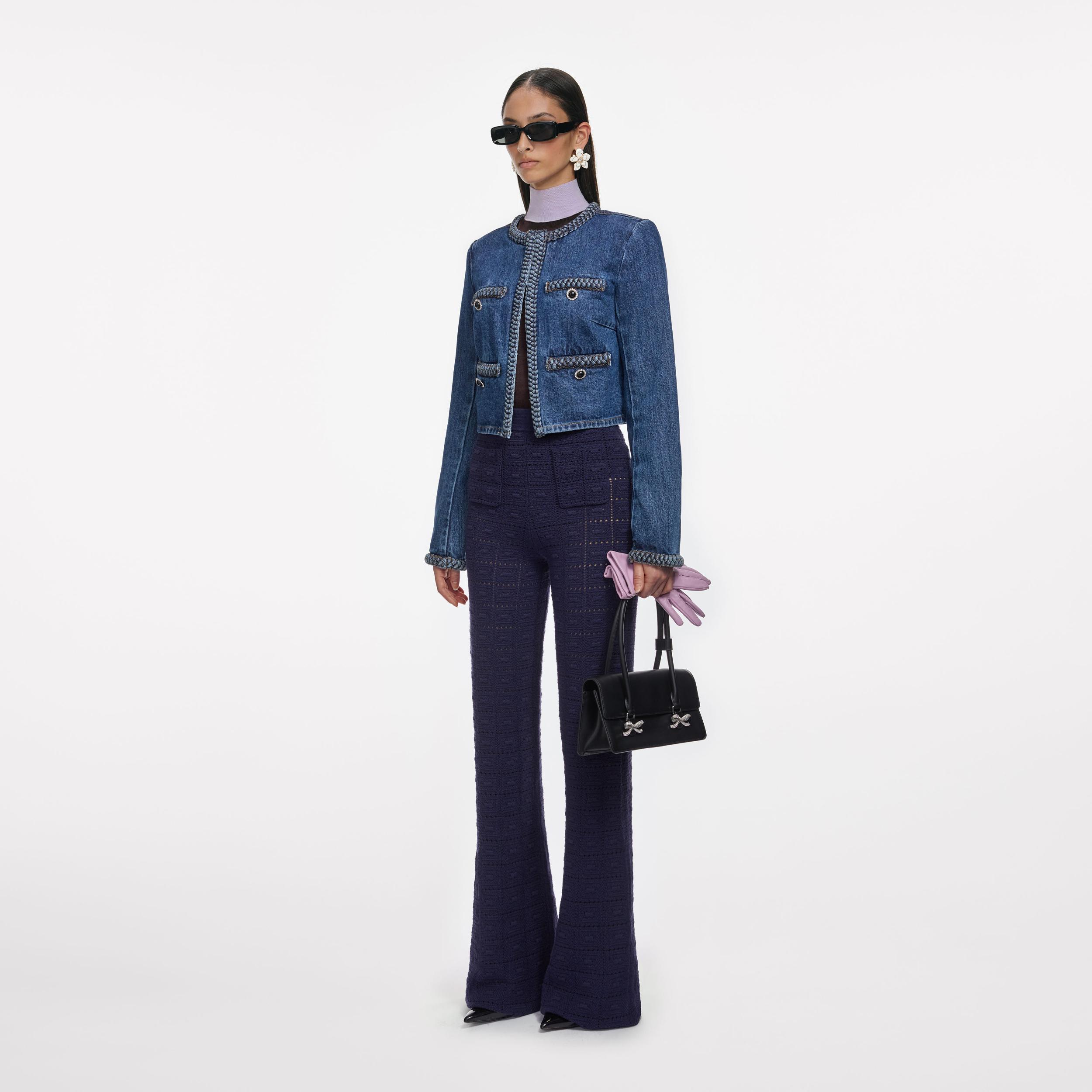 Navy Pointelle Knit Trousers Product Image