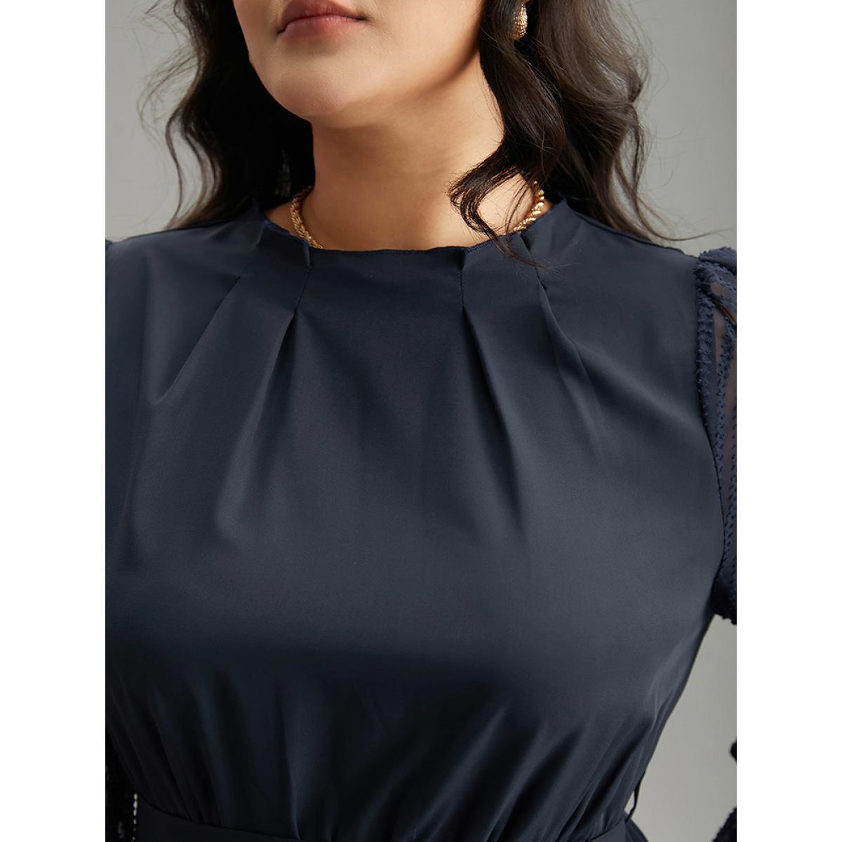 Plus Size Twill Mesh Patchwork Belted Plicated Detail Dress DarkBlue Women Elegant Texture Mock Neck Long Sleeve Curvy Midi Dress BloomChic 18-20/2X Product Image