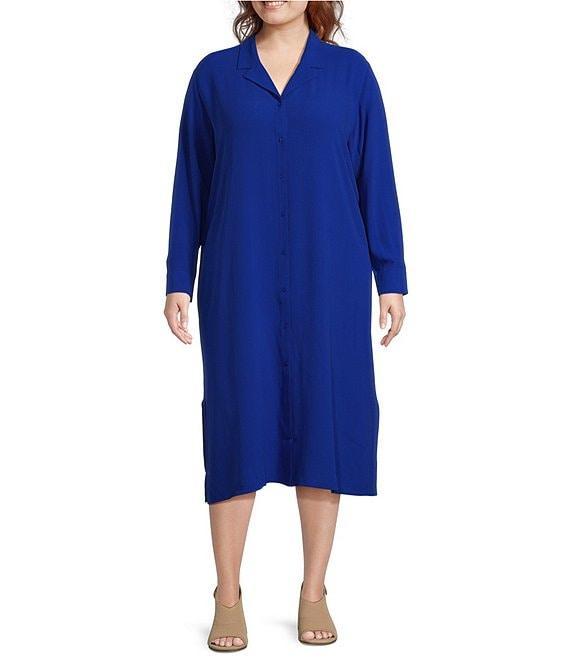 Eileen Fisher Plus Size Silk Georgette Crepe Notch Collar Long Sleeve Button Front Dress Product Image