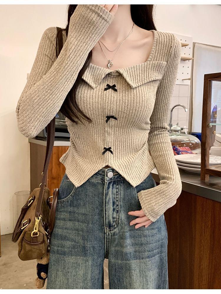 Long-Sleeve Square Neck Plain Bow Front-Slit Ribbed T-Shirt Product Image