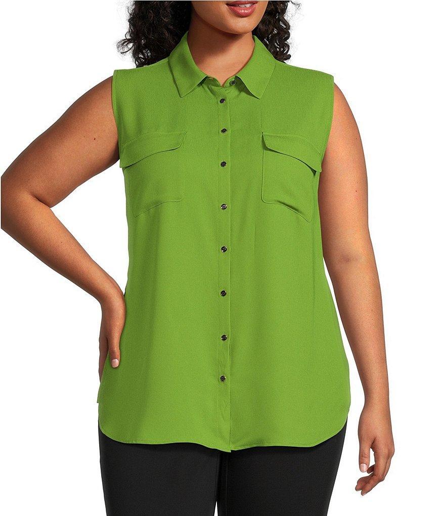 Investments Plus Size Point Collar Sleeveless Button Tie Front Top Product Image