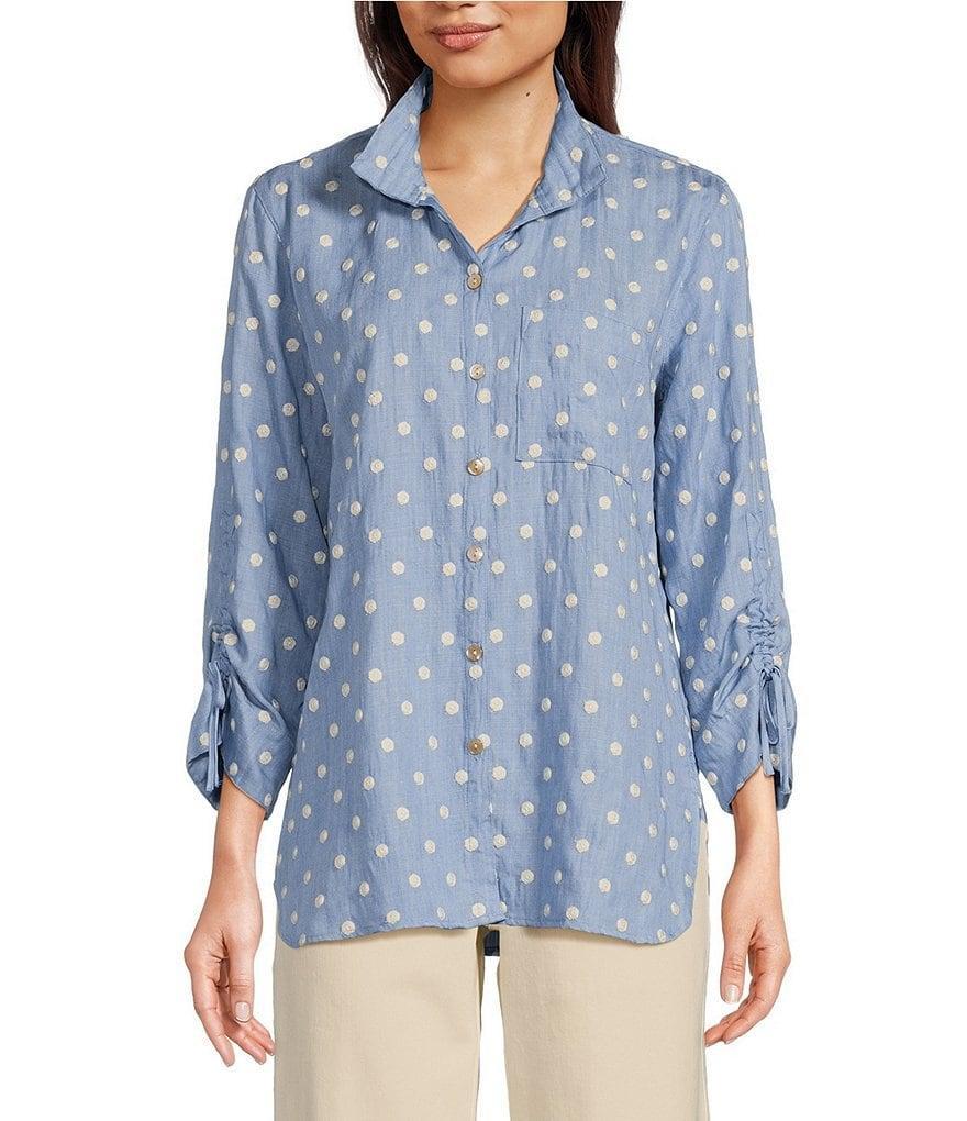 John Mark Petite Size Woven Embroidery Dot Wire Collar 3/4 Ruched Cinched Tie Sleeve Button Front Blouse Product Image